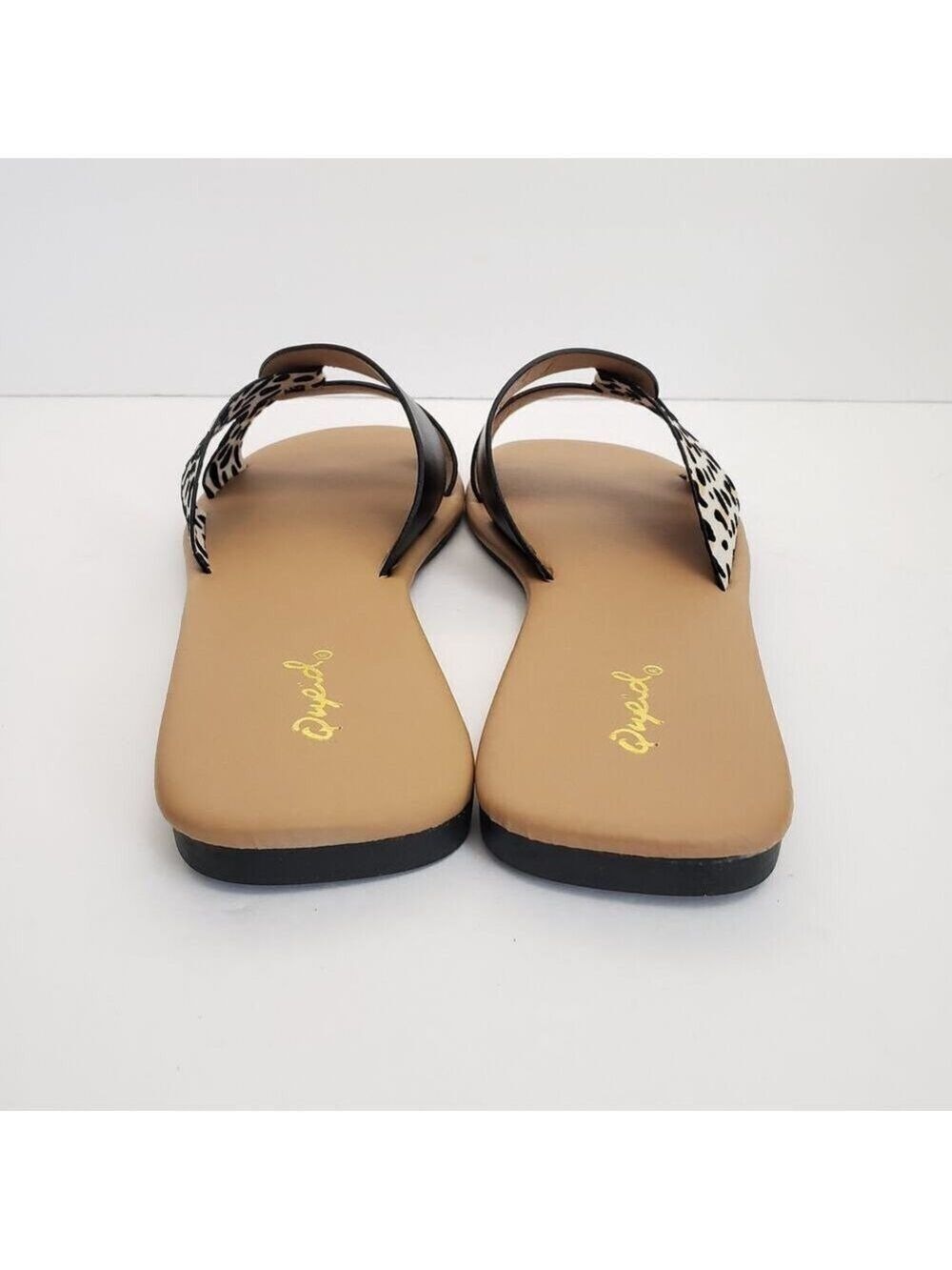 Qupid Womens Slip-On Black Animal Print Flat Two-Tone Sandals - Picture 6 of 8